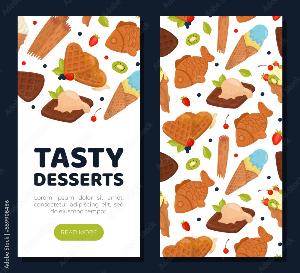 Tasty desserts mobile app template. Crispy waffles landing page, card, menu, leaflet, flyer with delicious desserts seamless pattern cartoon vector
