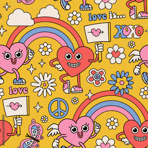 Valentine's day Seamless pattern with hearts mascot characters, rainbow. Weird retro vintage face expressions. Y2K old cartoon comics groovy heart print. Vector Backdrop with contour drawing doodle.