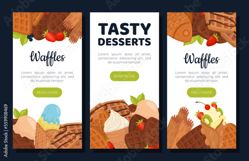 Tasty desserts mobile app templates set. Crispy waffles landing page, web banner with delicious desserts seamless pattern cartoon vector