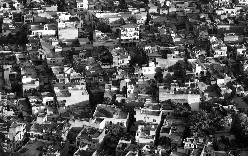 Cityscape of Jaipur in monochrome, Homes are typically built with brick and concrete material. Cityscape of Jaipur in monochrome, Homes are typically built with brick and concrete material.