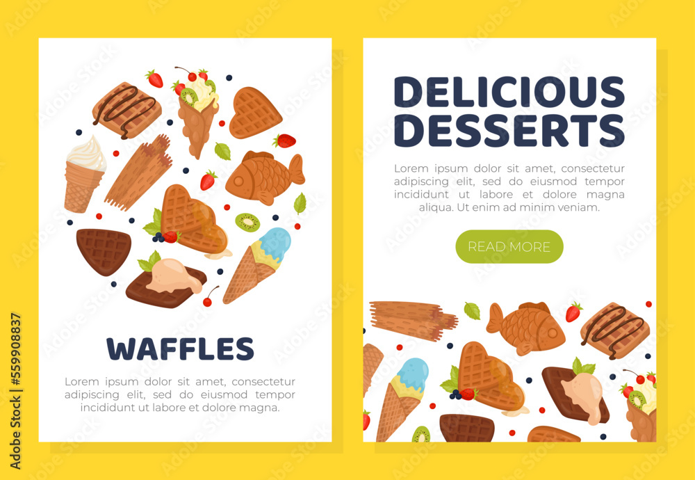 Delicious desserts mobile app and card template set. Waffles web banner, card, flyer, invitation cartoon vector