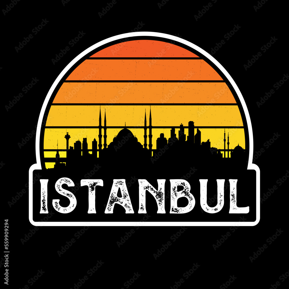 Istanbul Turkey Skyline Silhouette Retro Vintage Sunset Istanbul Lover Travel Souvenir Sticker Vector Illustration SVG EPS