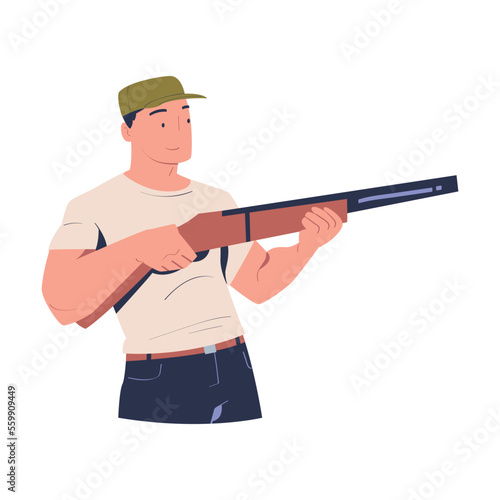Man with shogun aiming at target. Ma holding rifle training in tactical shooting cartoon vector illustration