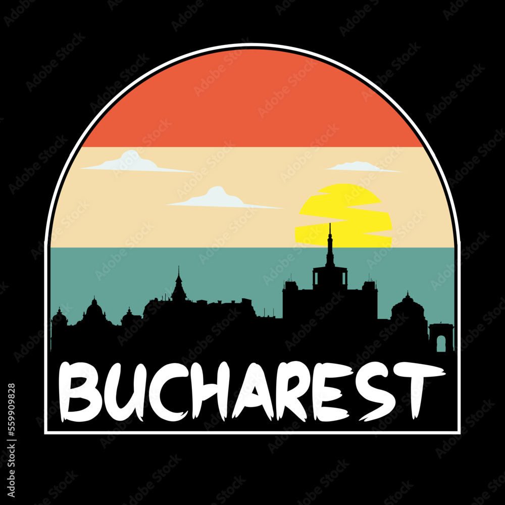 Bucharest Romania Skyline Silhouette Retro Vintage Sunset Bucharest Lover Travel Souvenir Sticker Vector Illustration SVG EPS