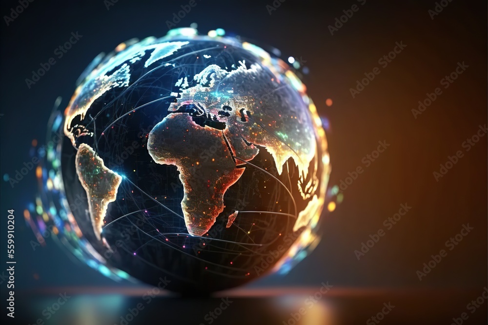 a glowing globe with a dark background and a yellow and blue background ...