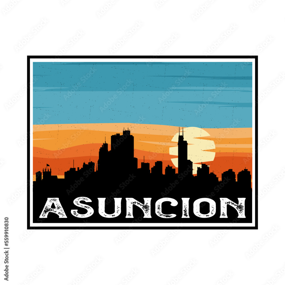 Asuncion Paraguay Skyline Silhouette Retro Vintage Sunset Asuncion Lover Travel Souvenir Sticker Vector Illustration SVG EPS