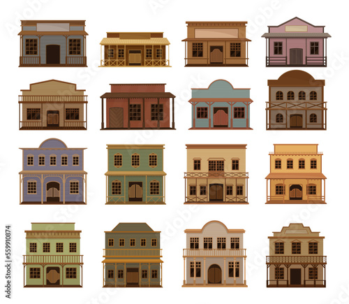 Set of western houses. Old wild west saloon buildings with swinging doors flar vector illustration