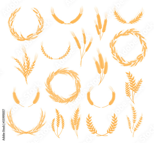 Golden wheat wreaths and ears set. Agricultural organic plant for bakery, bakehouse, farm market logo or label design cartoon vector illustration