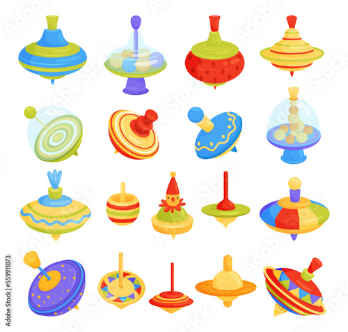 Whirligig toys set. Colorful classic children spinning top toy cartoon vector illustration