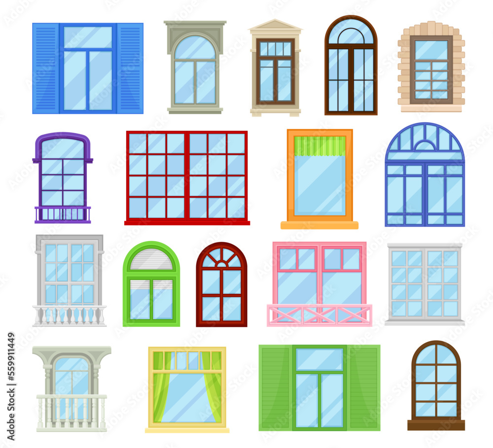 Window frames set. view isolated on house wall. Retro, classic and modern windows architectural elements flat vector illustration
