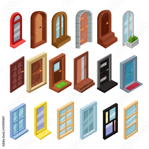 Set of wooden closed doors and windows. House, office, entrance architectural elements isometric vector illustration