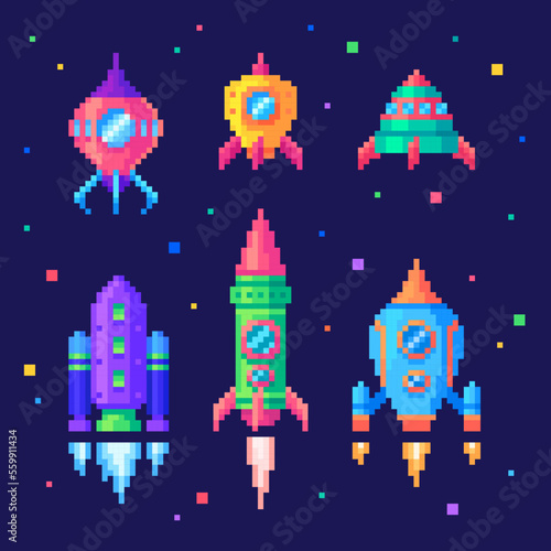 Pixel art set of rocket launch. Pixelated cartoon spaceships,cosmic shuttles © PixelChoice