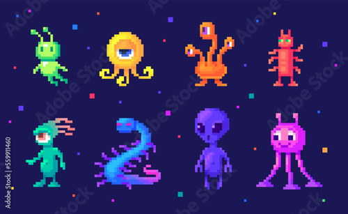 Pixel art set of alien. Cute cartoon monsters different forms and colors