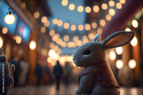 Close up of Cute little chinese rabbit standing in street wearing chinese winter suite for rabbit year 2023,  generative ai © Creative optiplex