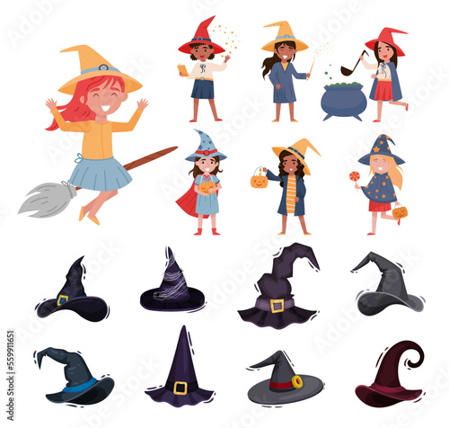 Cute girls in witch costumes set. Witch, magician and wizard hats. Halloween holiday, carnival symbols cartoon vector illustration