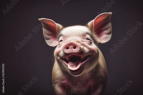 Illustrated portrait of a cute pig looking into the camera and laughing happily in front of dark background. Generative ai