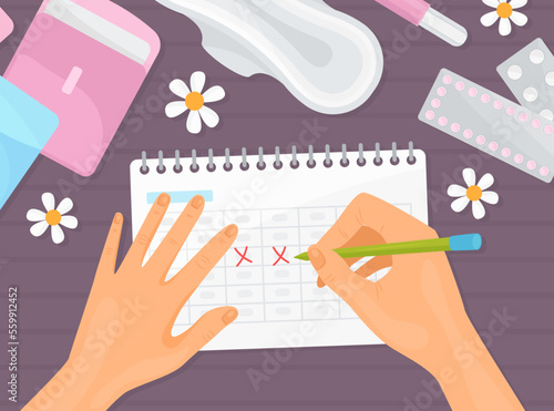 Hands Noticing Days at Calendar as Feminine Hygiene with Intimate Sanitary Objects Vector Template