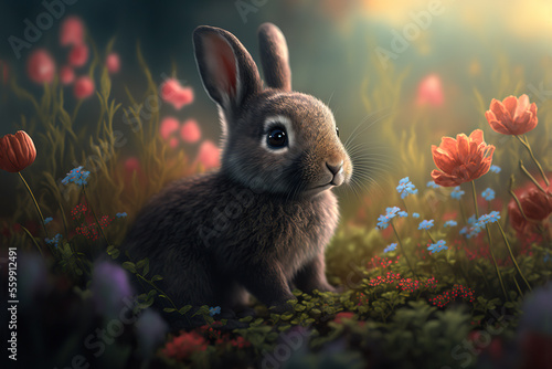 Brown bunny in a field of flowers Generative AI