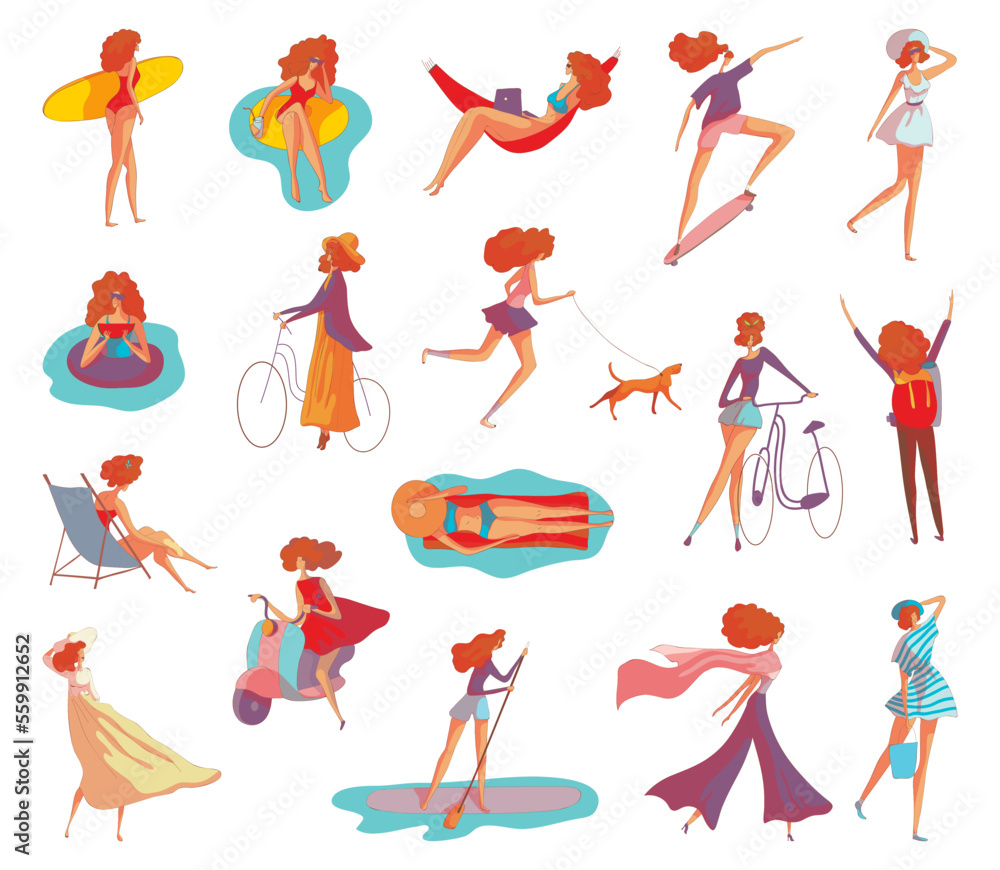 Women outdoor activities set. walking with dog, sunbathing, biking, hitchhiking, skateboarding, swimming and surfing vector illustration Women outdoor activities set. walking with dog, sunbathing, biking, hitchhiking, skateboarding, swimming and surfing vector illustration