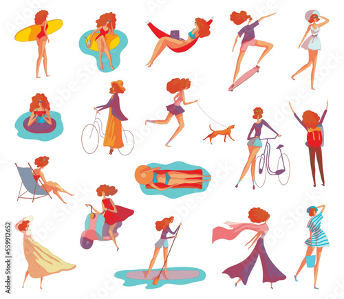 Women outdoor activities set. walking with dog, sunbathing, biking, hitchhiking, skateboarding, swimming and surfing vector illustration