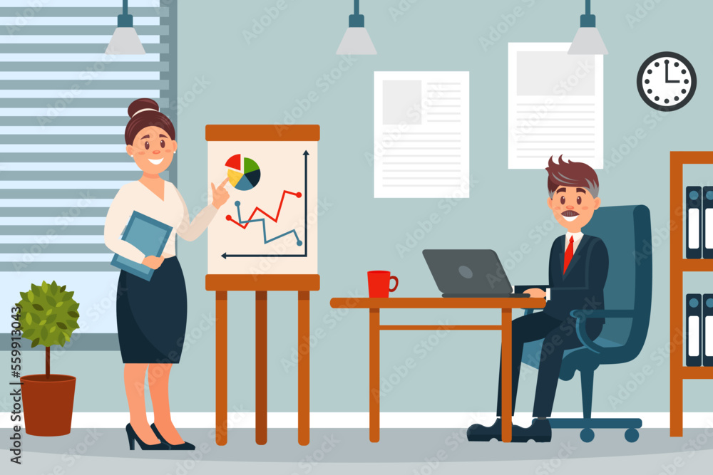 Business woman presenting new project to her partner in office. Boss and female employee discussing project cartoon vector Business woman presenting new project to her partner in office. Boss and female employee discussing project cartoon vector