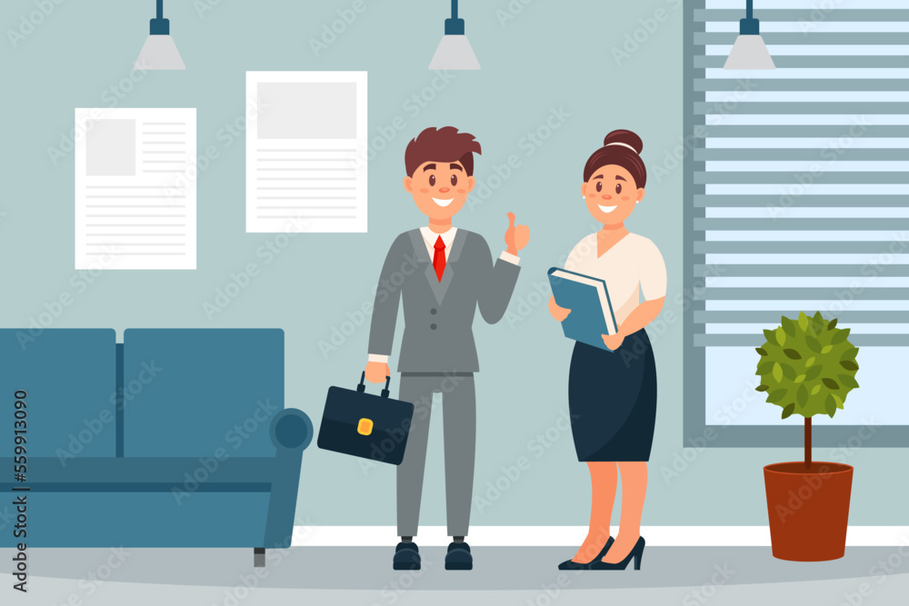 Two business people standing and talking in office. Male boss giving advice to his secretary cartoon vector Two business people standing and talking in office. Male boss giving advice to his secretary cartoon vector