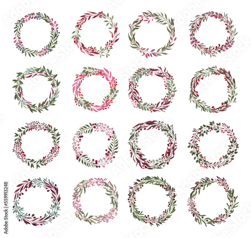 Foliage and Berry Twig Arranged in Floral Wreath Big Vector Set