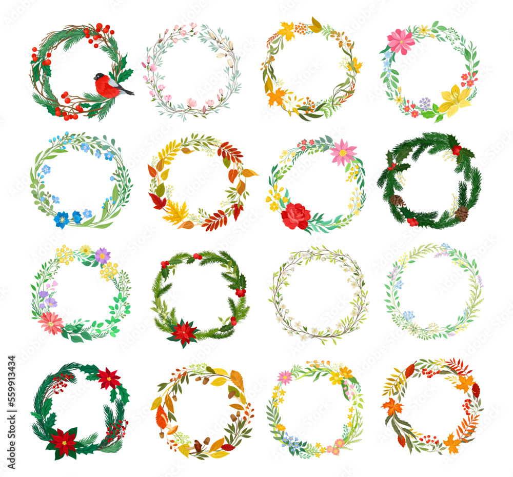 Floral wreath made of tree branches, leaves, flowers, berries. Different seasons decoration elements vector illustration Floral wreath made of tree branches, leaves, flowers, berries. Different seasons decoration elements vector illustration