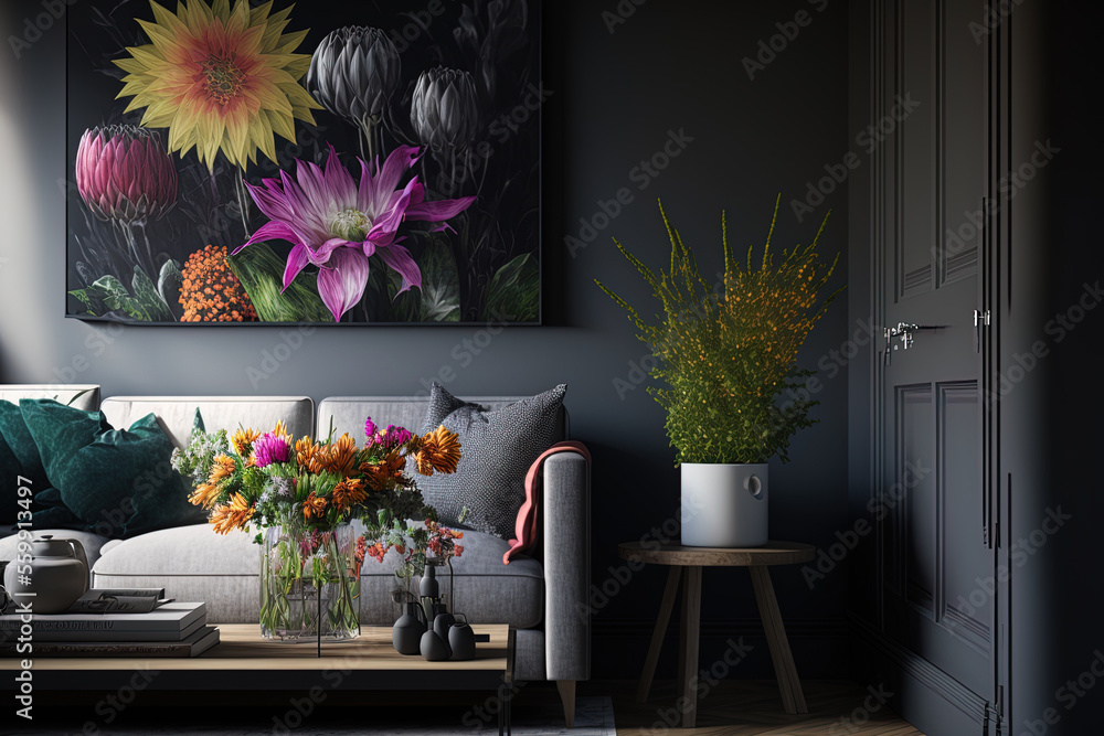 Bright modern interior elements, fresh flowers, and sunbeams from a ...