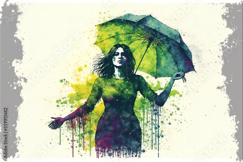 A girl with an umbrella is a colorful illustration in the style of watercolor