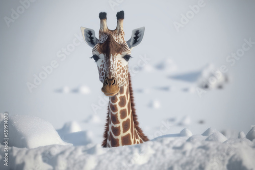 Giraffe in deep snow, only head and neck out of snow. Generative AI.