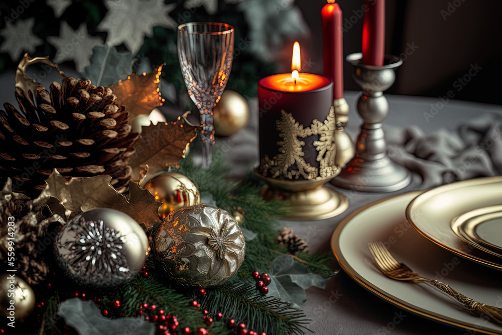 Happy New Year's idea Close up of a Christmas table arrangement. Generative AI Happy New Year's idea Close up of a Christmas table arrangement. Generative AI