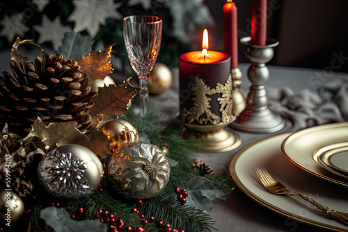 Happy New Year's idea Close up of a Christmas table arrangement. Generative AI
