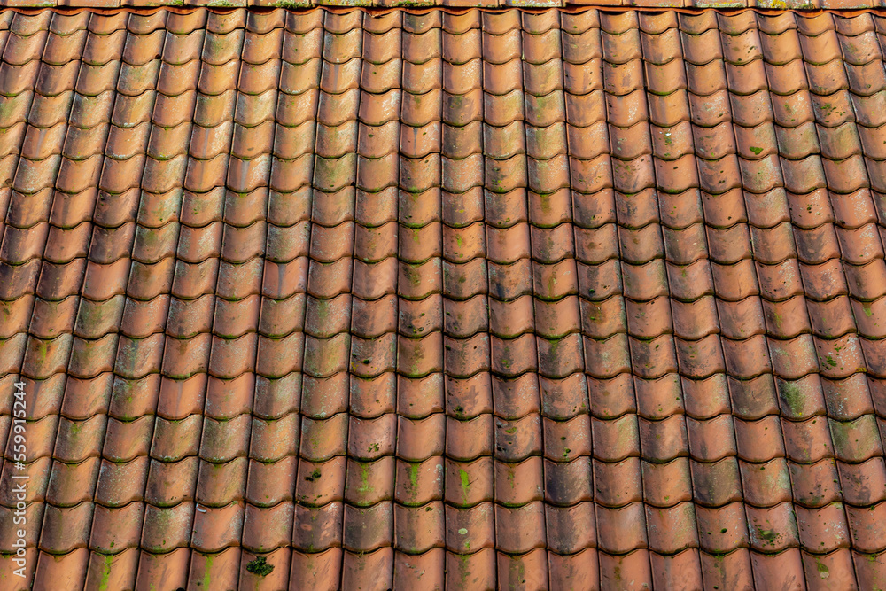 Red tiles background details, Old orange roof brick under the sunlight, Shingles texture with green moss, Roof top material, Abstract geometric pattern