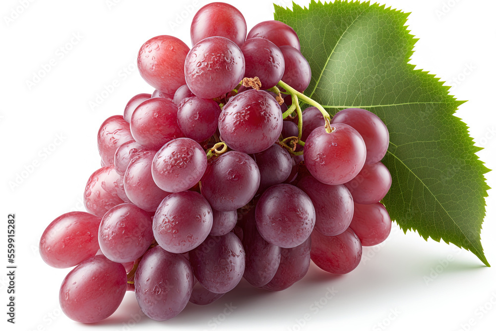 Fototapeta premium Red grapes isolated with a clipping path on a white backdrop. Generative AI