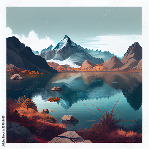 Landscape of mountains and lake, illustration. Generative AI.