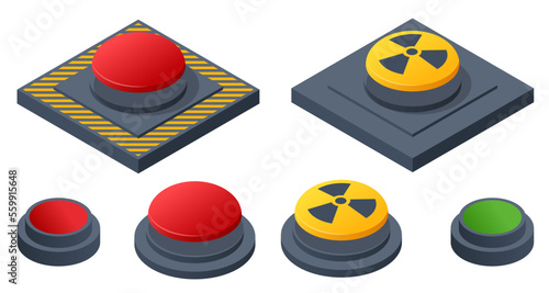 Isometric red, yellow and green buttons. Radiation symbol.