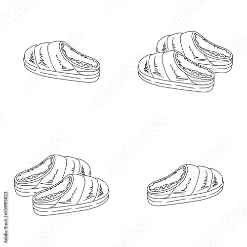 set of monochrome line art illustrations of warm and fluffy slippers