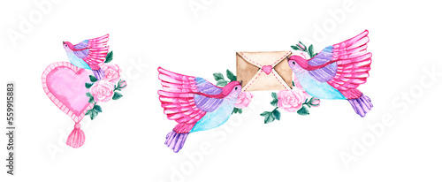 watercolor spring birds with flowers and bird houses  pink bird