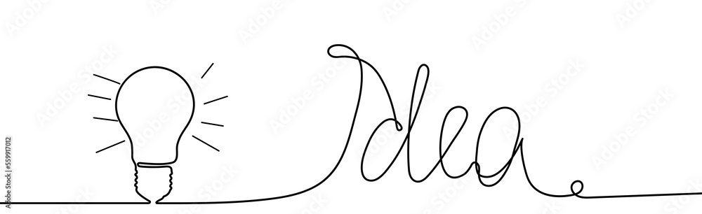 Continuous one line light bulb with word Idea. Hand drawing linear icon, lamp sketch , business idea design, brainstorm inspiration concept. Vector illustration.