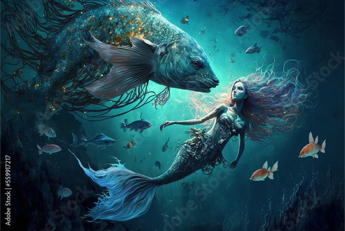 sereia linda fundo do mar com peixe grande  photo