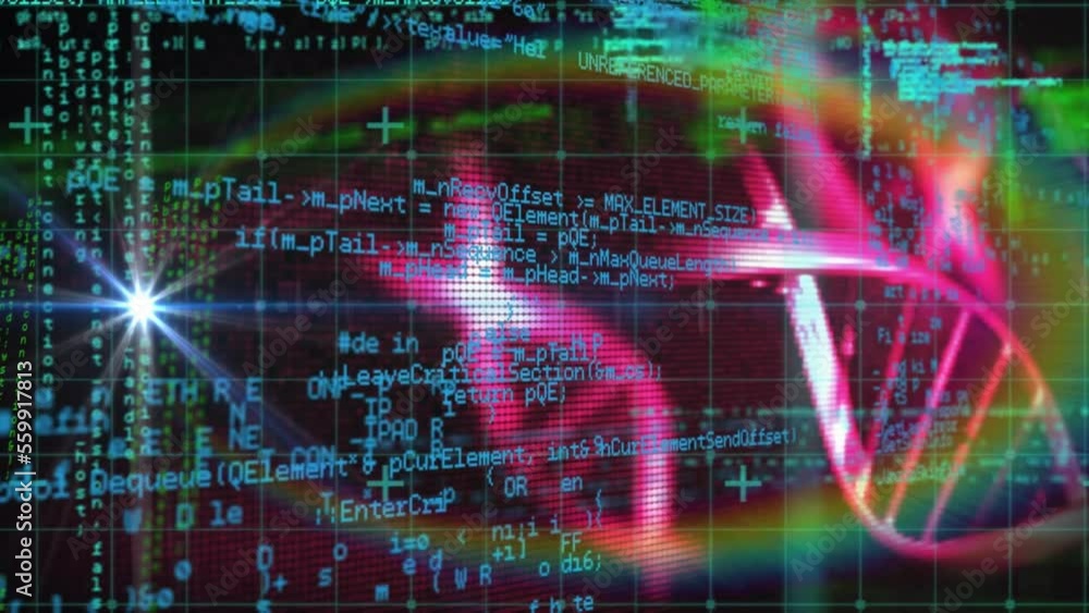 Animation of rainbow lens flare over spinning dna structure and data processing on black background Animation of rainbow lens flare over spinning dna structure and data processing on black background