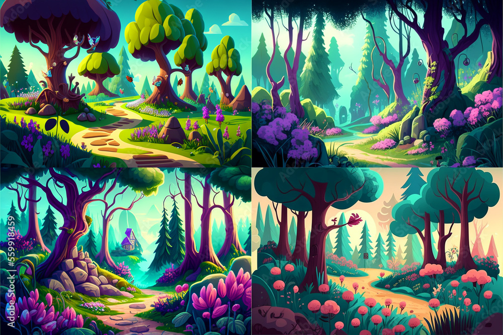 Landscape of magical spring forest illustration. Generative AI