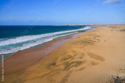 Piedra playa   Stone beach   near the village of El Cotillo in the north of Fuerteventura in the Canary Islands  Spain - Long sandy beach surrounded by cliffs along the Atlantic Ocean