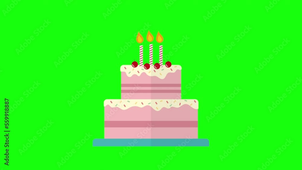 Animated Cartoon Happy birthday birthday cake motion element with Candles with flames isolated on green chroma key screen. Decorative Birthday Cake with Candles and Cherries. Animated Cartoon Happy birthday birthday cake motion element with Candles with flames isolated on green chroma key screen. Decorative Birthday Cake with Candles and Cherries.