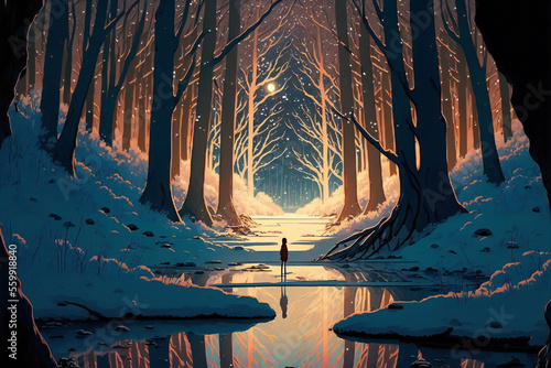 Anime Painting a Child in Silhouette at the Edge of Pond in a Snowy Wood. Snow Covered Moonlit Manga Forest. [Digital Art Painting. Storybook / Fantasy Background. Graphic Novel, Postcard, or Product]