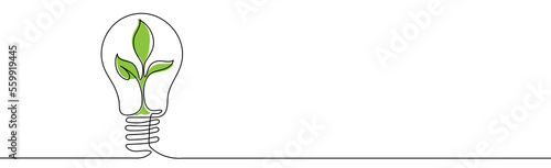 Plant inside Lightbulb with power plug in one line drawing. Creative concept of Eco energy and environmental friendly sources. Vector illustration