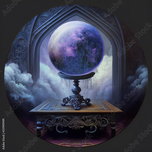 Fortune Teller’s Crystal Ball in an Ornate Victorian Room Surrounded by Rolling Mist. Horror / Mystery Scene.  [Digital Art Painting. Mystery / Fantasy / Historic / Horror Background. Graphic Novel.]