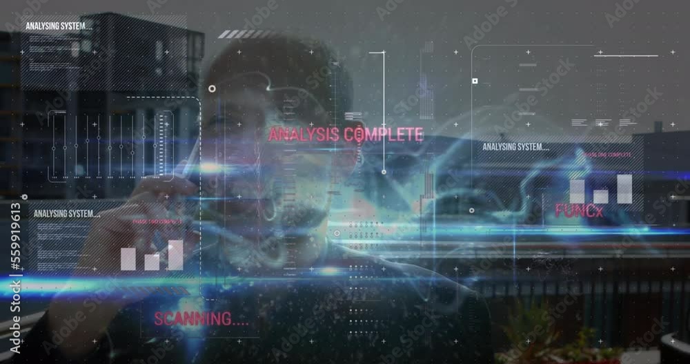 Animation of data processing and blue digital wave over caucasian businessman talking on smartphone Animation of data processing and blue digital wave over caucasian businessman talking on smartphone