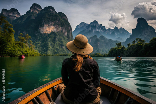 Beautiful girl seated on a boat in the Ratchaprapha Dam in Khao Sok National Park, Surat Thani Province, Thailand, gazing at the mountains. Generative AI © 2rogan